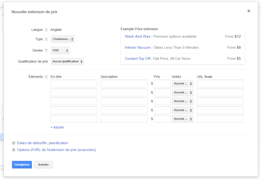 extensions de prix adwords