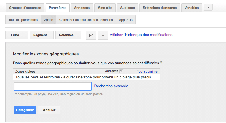 AdWords ciblage géographique