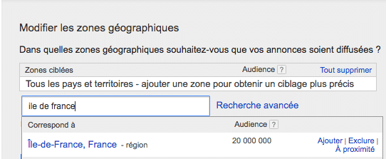 AdWords ciblage géographique