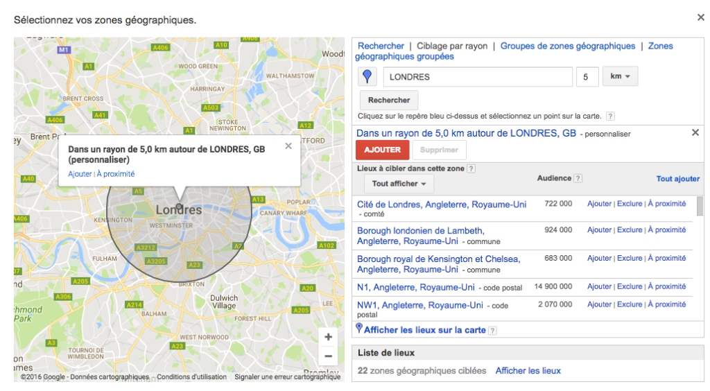 AdWords ciblage géographique