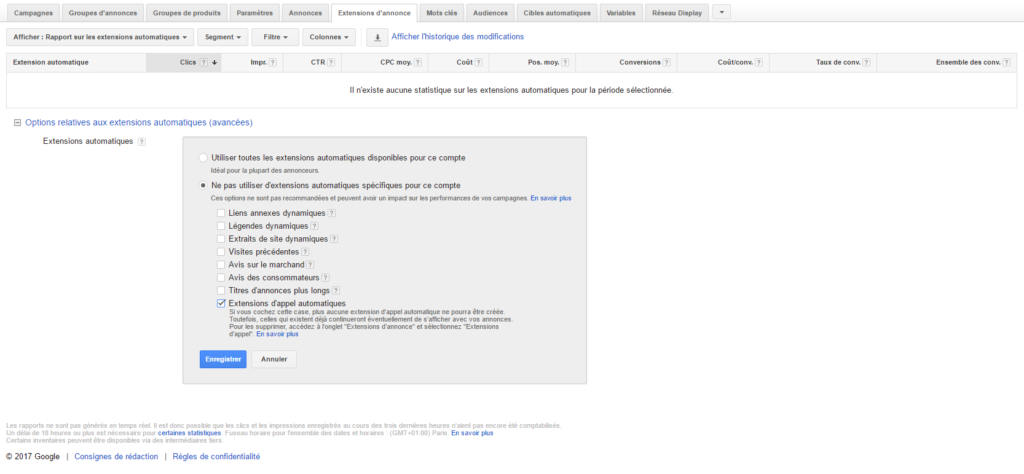 Rapport d'extension automatique adwords