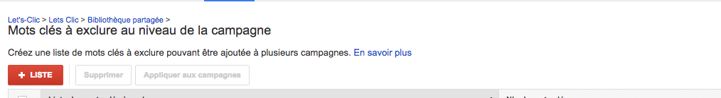 mot clé à exclure dans la campagne AdWords