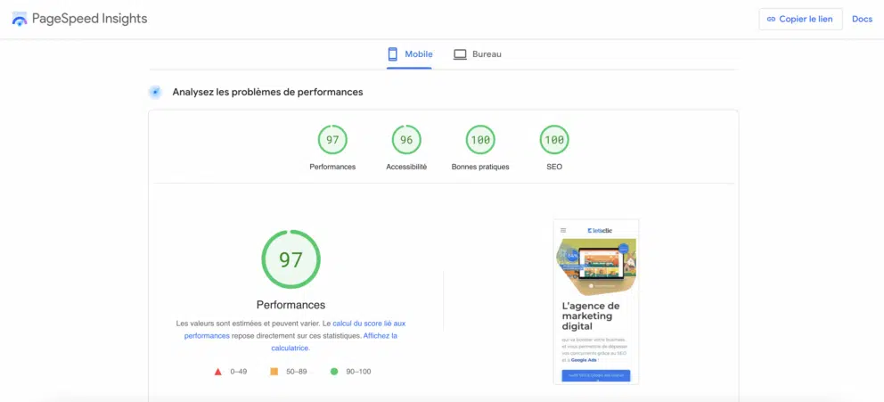 Note de 100 sur Google Page Speed Lets Clic