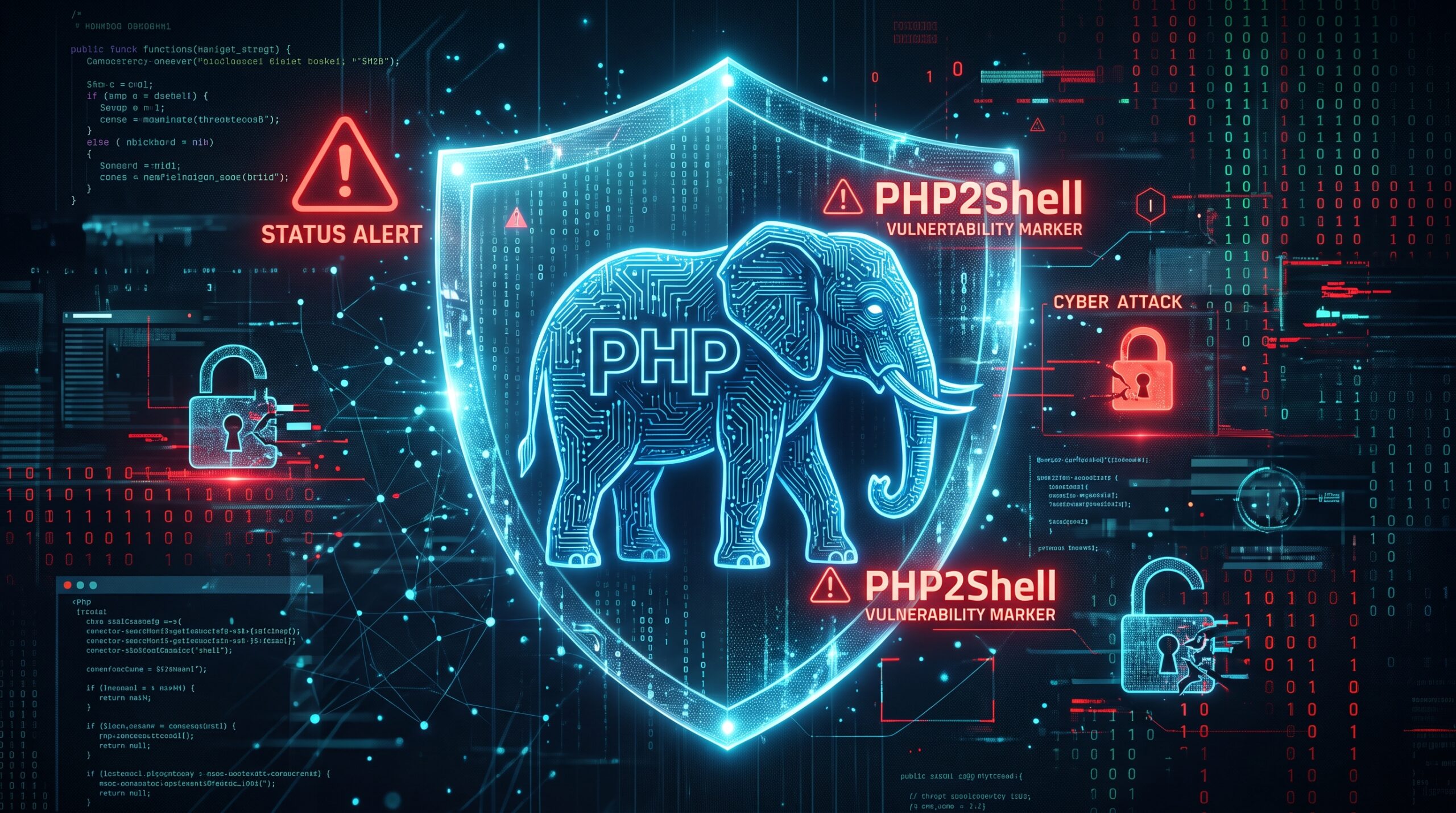 Logo PHP sur fond de code avec un symbole d'alerte, illustrant les failles critiques PHP2Shell